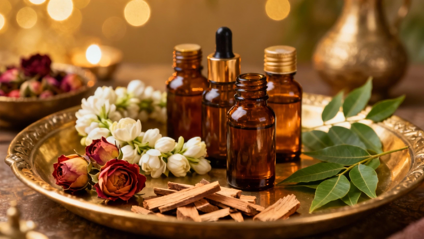 Flacons d'huiles essentielles indiennes, sésame, rose du Kashmir, coco et jasmin