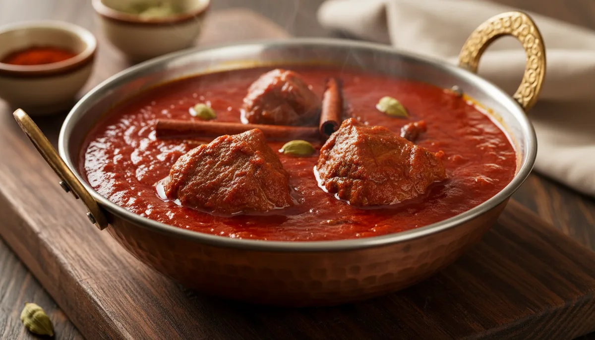 Agneau rogan josh servi dans un plat en cuivre avec sa sauce rouge aux épices du Kashmir