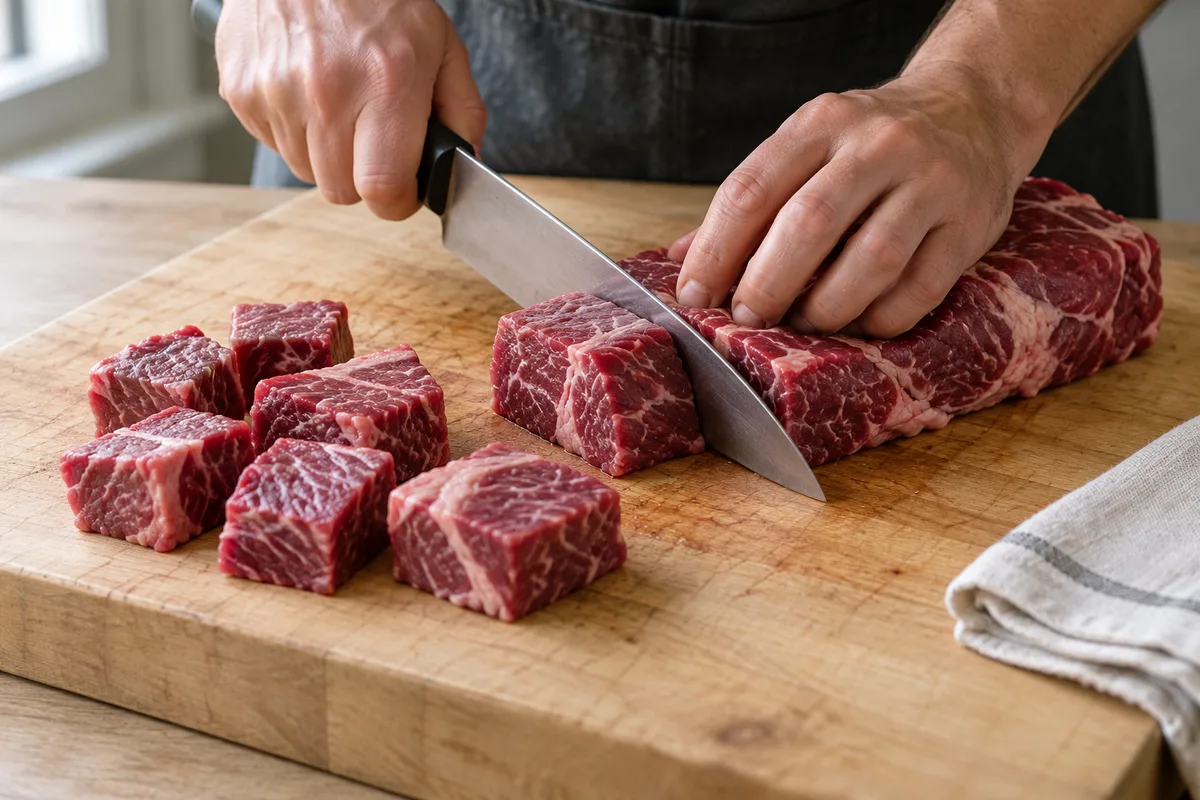 Mains découpant un paleron de bœuf cru en gros cubes sur une planche en bois clair