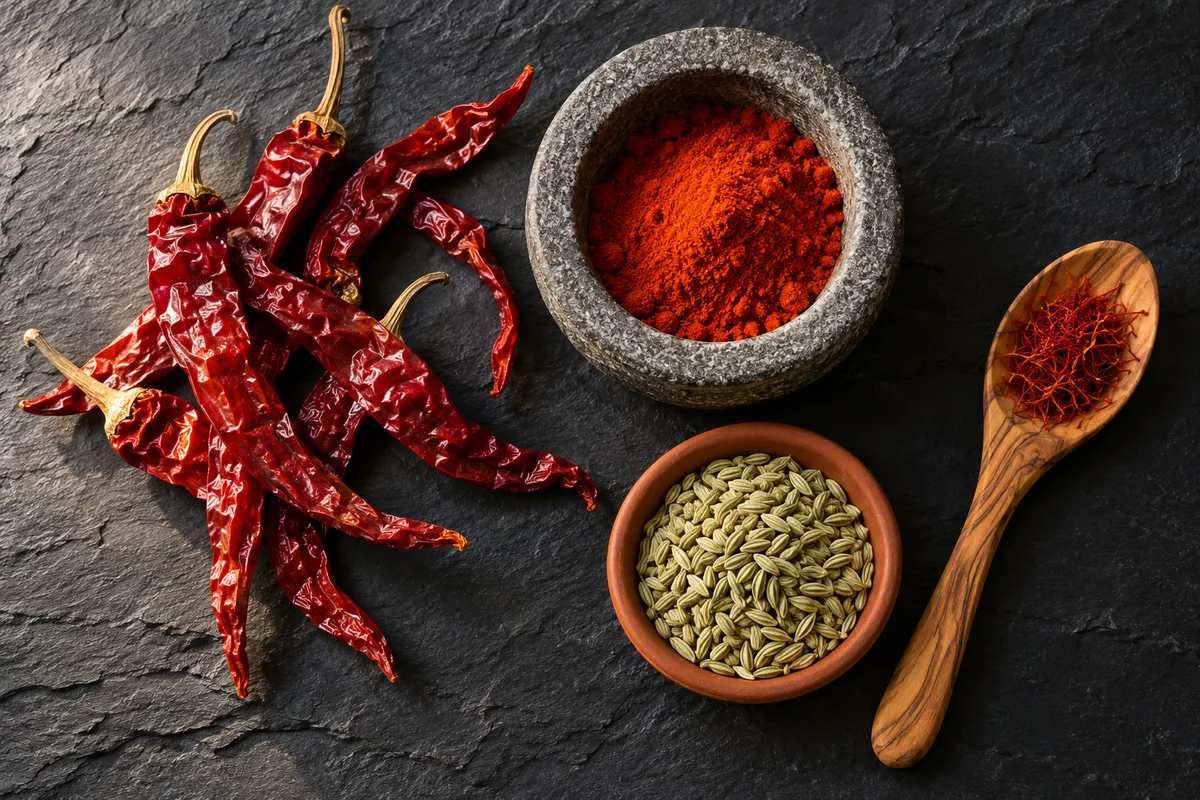 Piments rouges séchés du Cachemire, mortier de poudre rouge, graines de fenouil et filaments de safran sur une ardoise