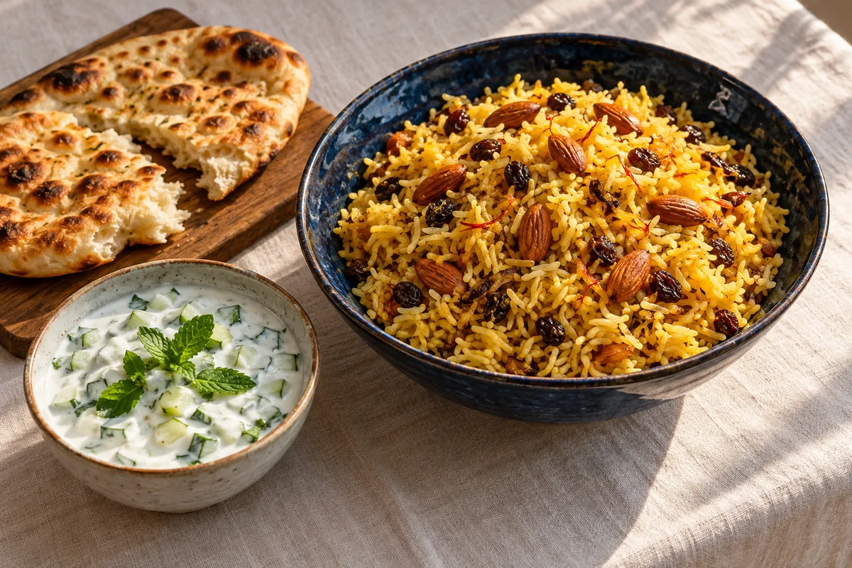 Riz pulao doré aux amandes et raisins secs, naan et raita au concombre sur une nappe de lin
