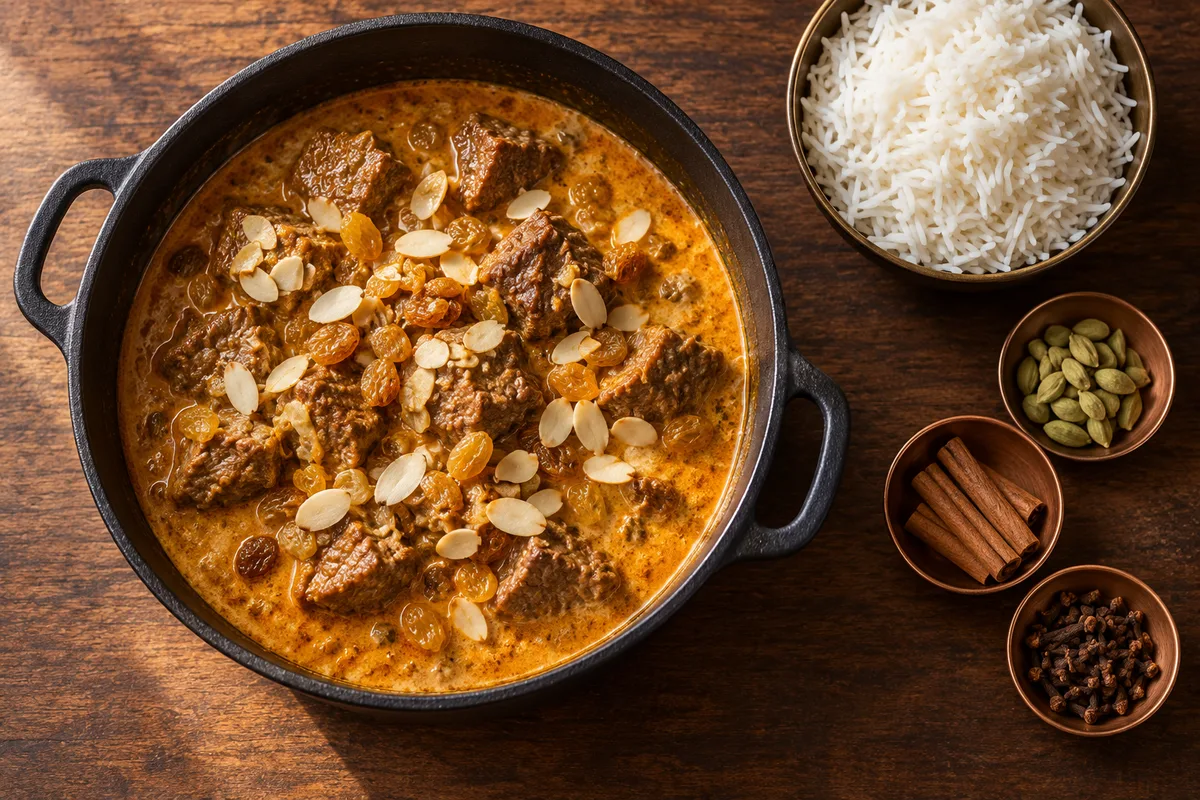 Curry de bœuf kashmiri aux amandes effilées et raisins secs dans une cocotte en fonte, près d'un bol de riz basmati