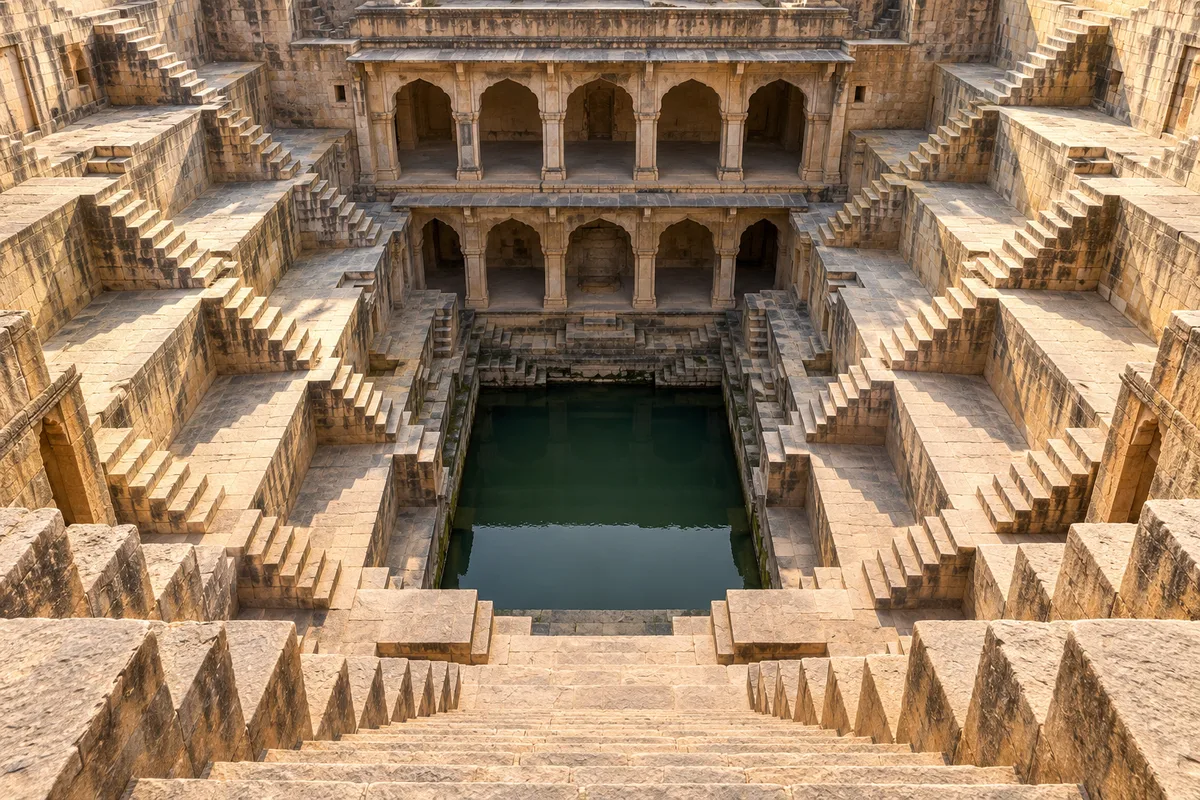 Escaliers de grès en zigzag d’un ancien puits à degrés du Rajasthan descendant vers un bassin d’eau verte