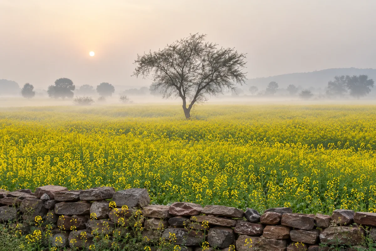 Champ de moutarde en fleur dans la brume d’un matin d’hiver au Rajasthan, un arbre isolé au milieu