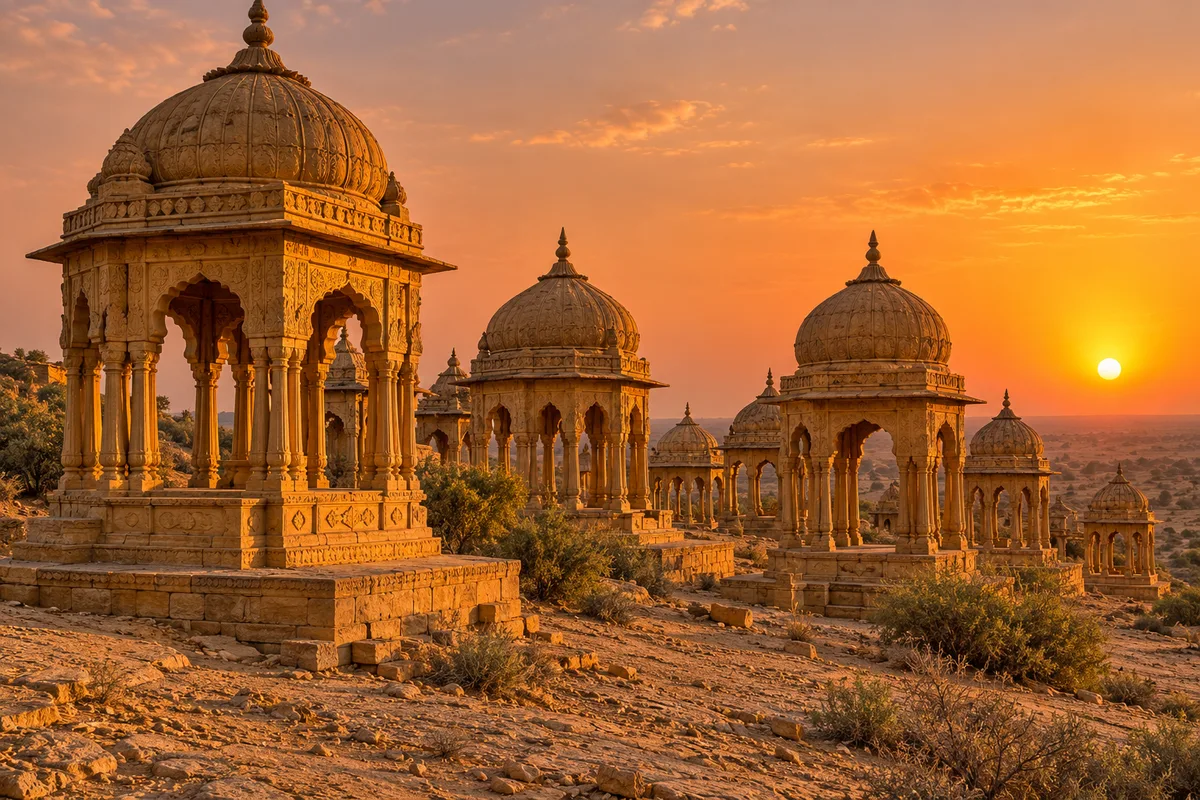 Chhatris de grès doré, cénotaphes royaux alignés sur un plateau désertique près de Jaisalmer au coucher du soleil