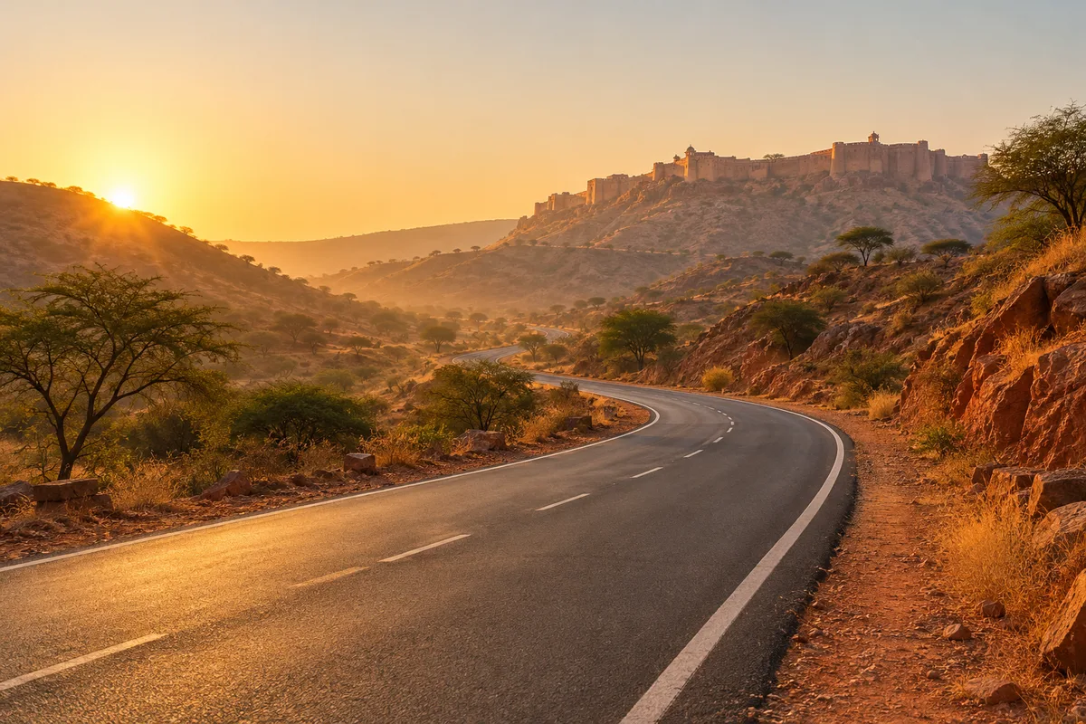 Route goudronnée vide qui serpente entre des collines arides vers un fort ocre perché sur une crête, au lever du soleil au Rajasthan
