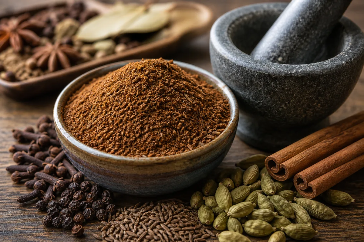 Bol de garam masala moulu entouré de cardamome, cannelle et clous de girofle avec un mortier en pierre