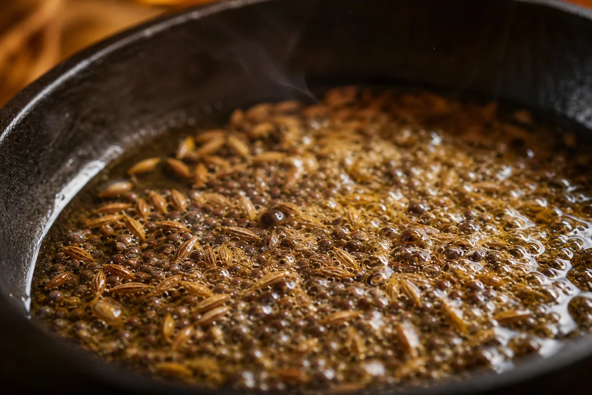 Graines de cumin et de moutarde crépitant dans du ghee chaud au fond d’une petite poêle en fonte