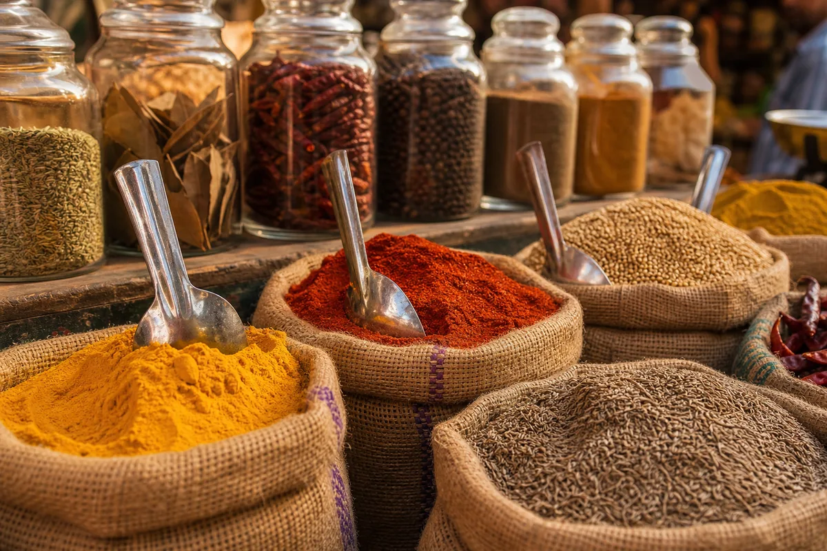 Étal d’épicerie indienne avec sacs ouverts d’épices colorées et bocaux en verre alignés