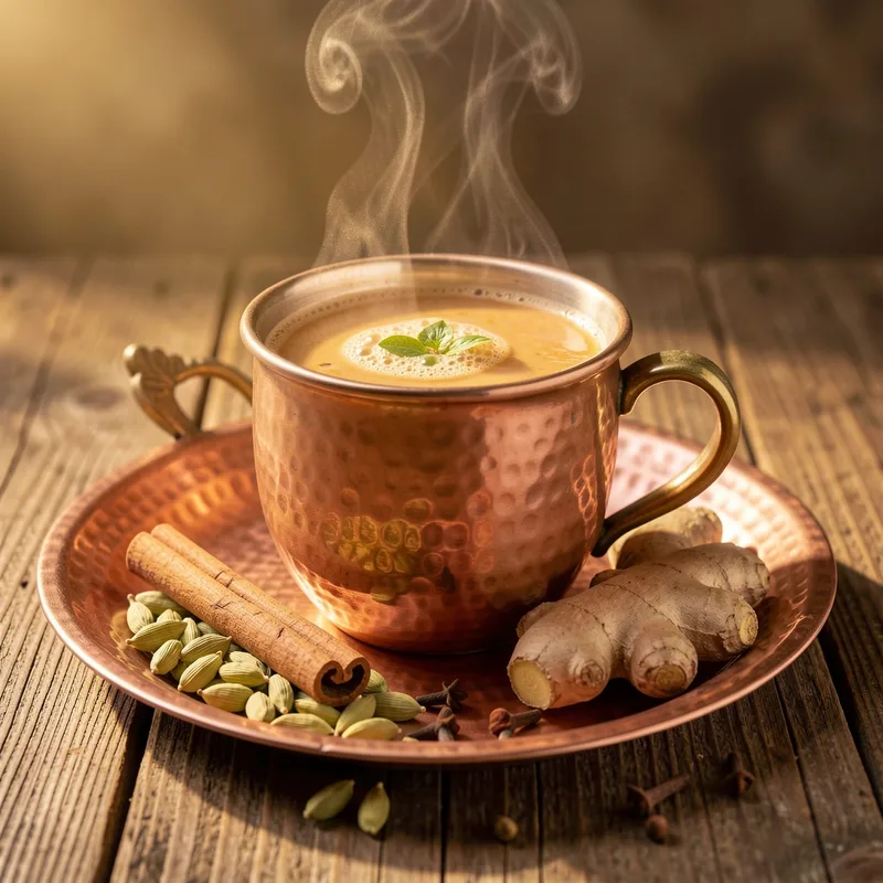 Tasse de masala chai fumant sur un plateau en cuivre entouré de cardamome, cannelle et gingembre frais