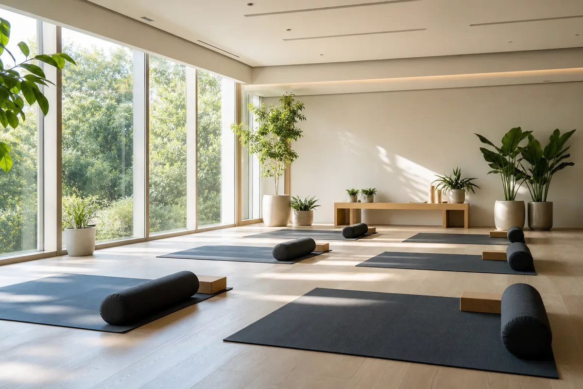 Cours de yoga en petit groupe dans un studio lumineux avec tapis alignés