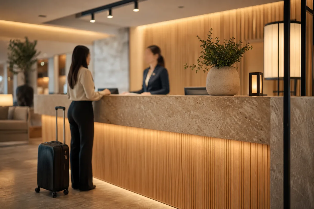 Comptoir d’accueil d’un hôtel avec réceptionniste souriante aidant un client