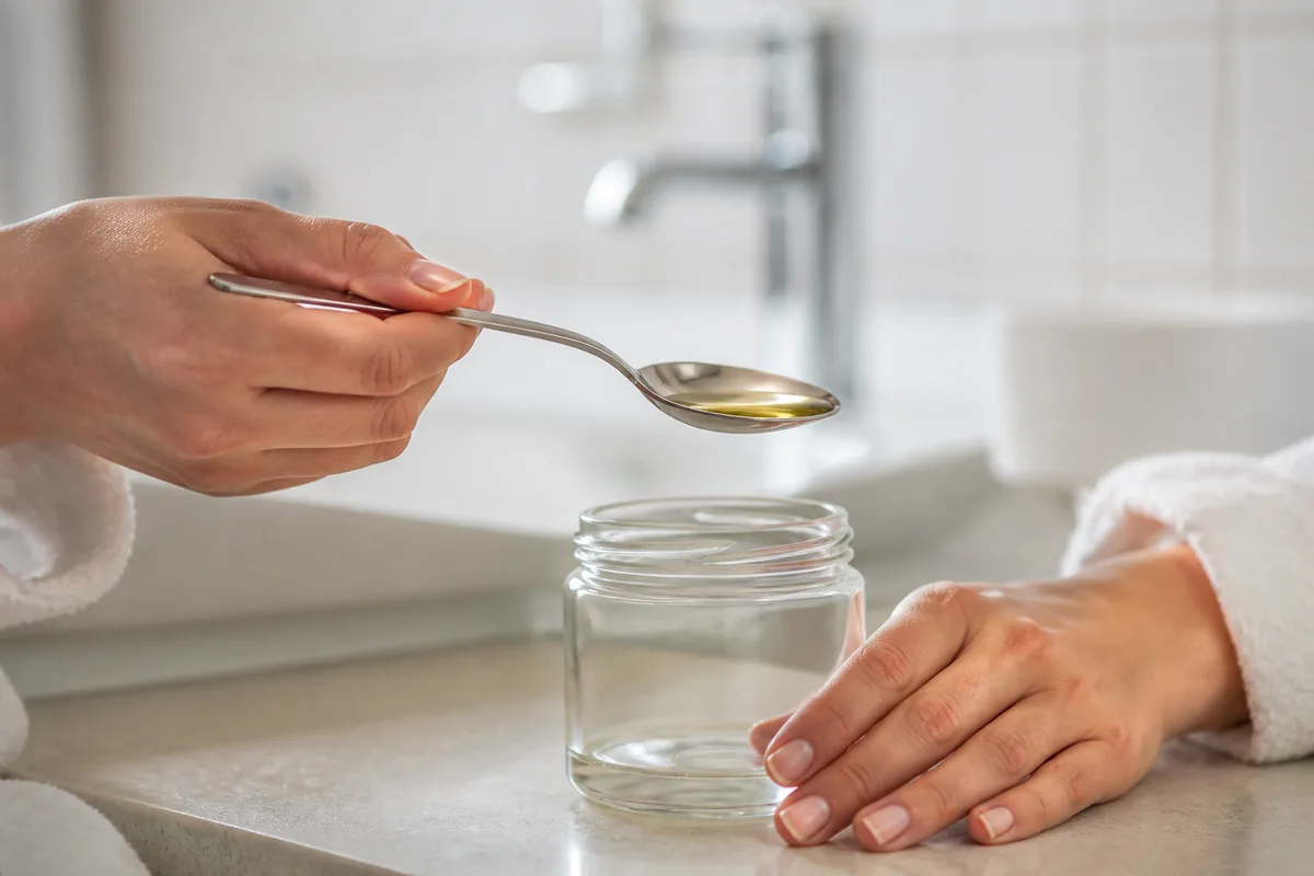 Mains tenant une cuillère à soupe d’huile végétale au-dessus d’un plan de vasque clair