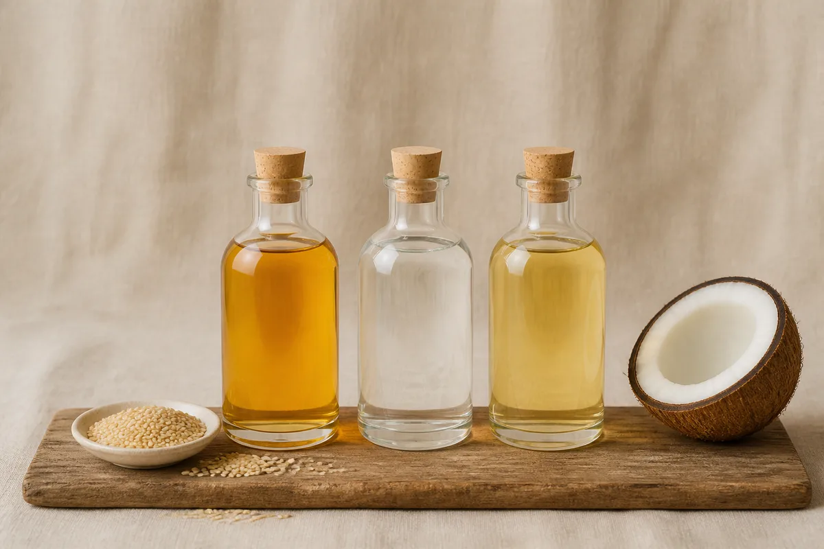 Trois flacons de verre contenant des huiles de teintes différentes avec graines de sésame et noix de coco