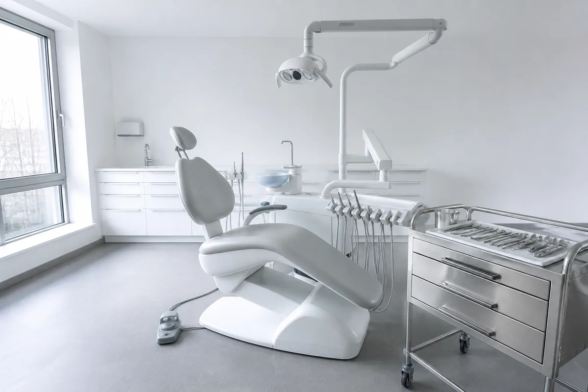 Fauteuil de cabinet dentaire contemporain avec plateau d’instruments en inox dans une pièce claire