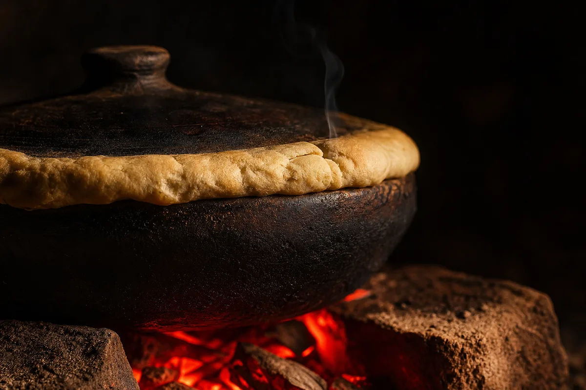 Marmite ancienne scellée à la pâte, vapeur s’échappant du joint pendant la cuisson dum