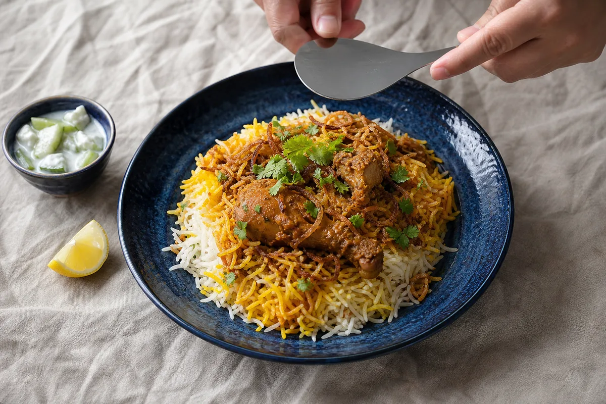 Assiette de biryani servie à la cuillère, couches de riz blanc et safrané visibles, coriandre fraîche