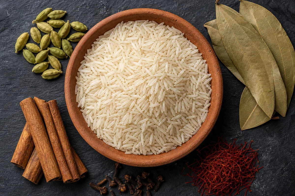 Grains de riz basmati cru dans un bol en terre cuite, entourés de cardamome verte et de bâtons de cannelle