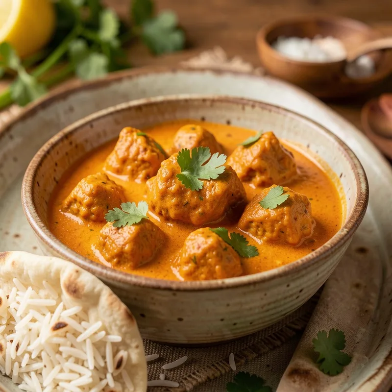 Poulet tikka masala dans une sauce orangée crémeuse, servi avec du riz basmati et un naan