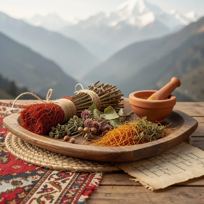 Préparation de remèdes traditionnels cachemiriens avec safran, plantes médicinales et épices dans un mortier en cuivre