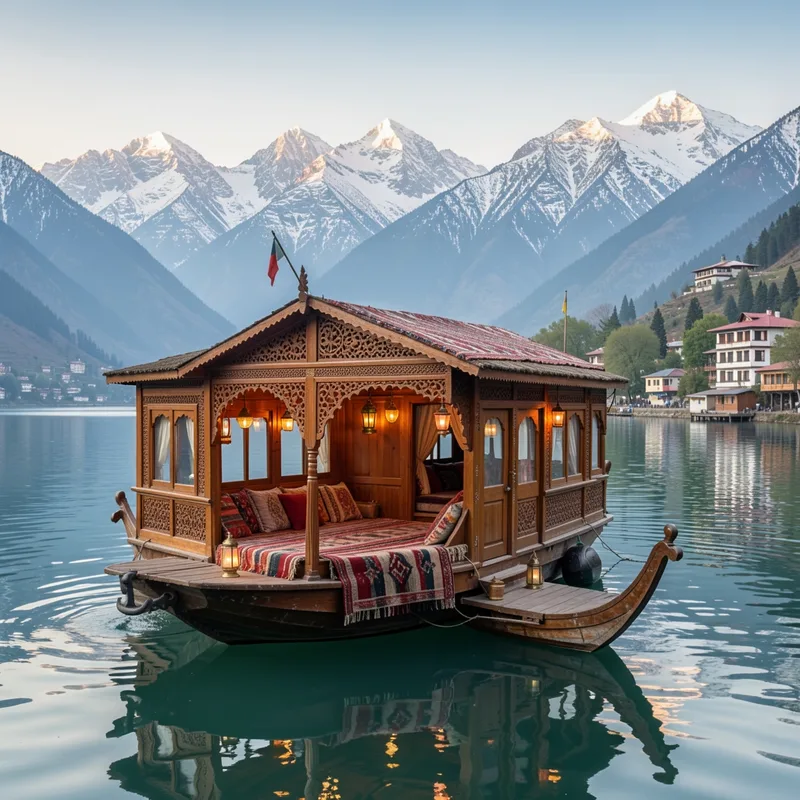 Vue panoramique sur la vallée du Cachemire avec montagnes enneigées et lac Dal
