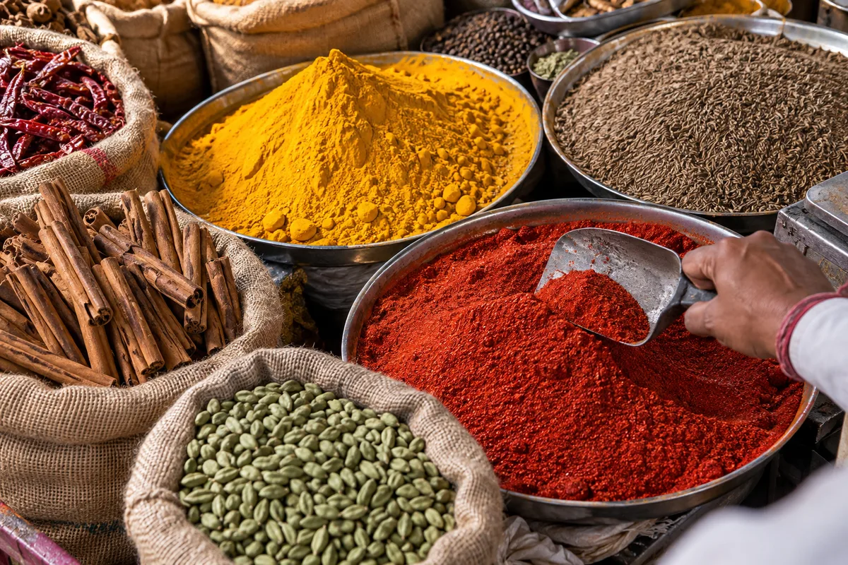 Épices en vrac aux couleurs vives dans des sacs ouverts sur un marché du nord de l’Inde