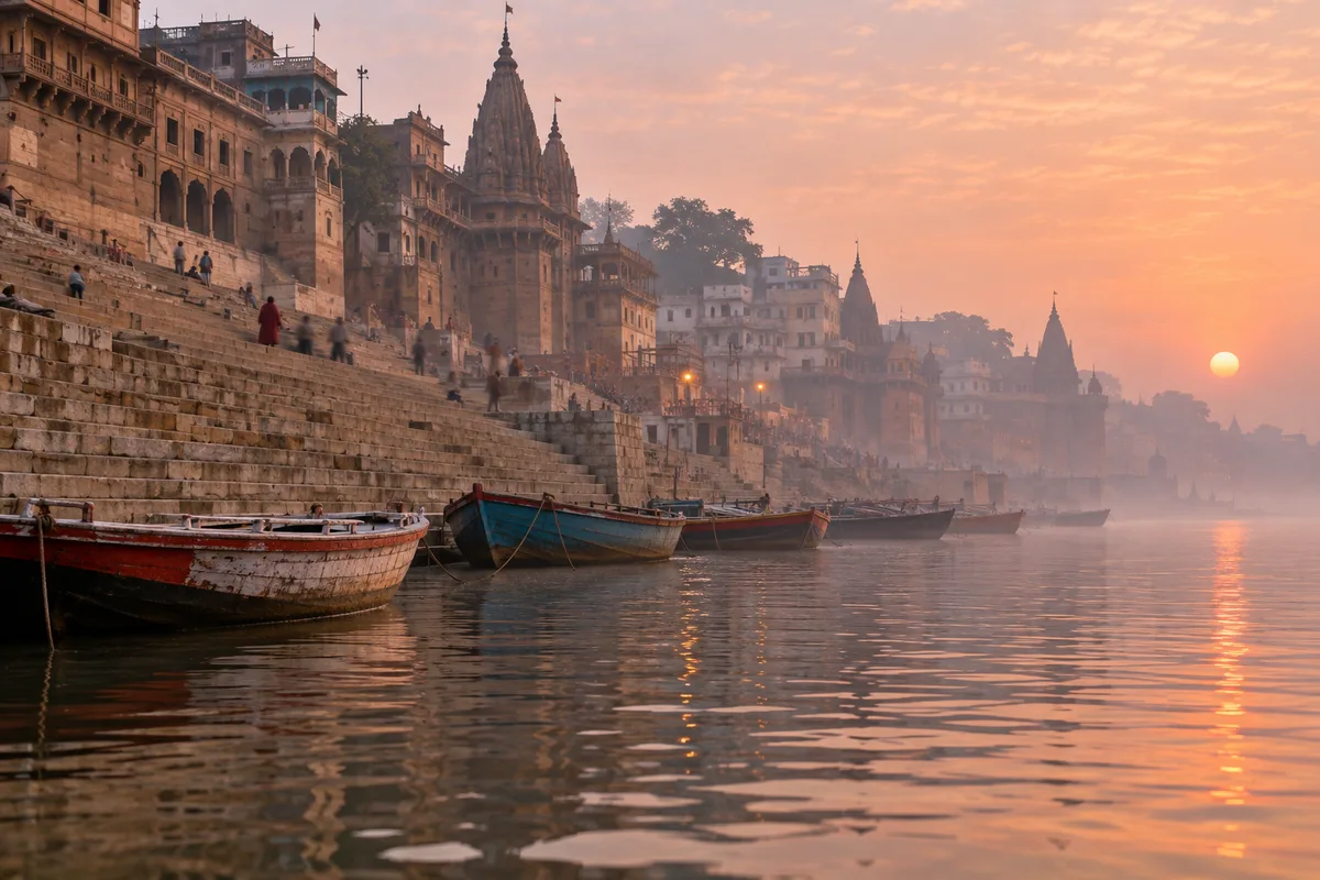 Marches de pierre des ghats de Varanasi au bord du Gange au petit matin, barques en bois amarrées