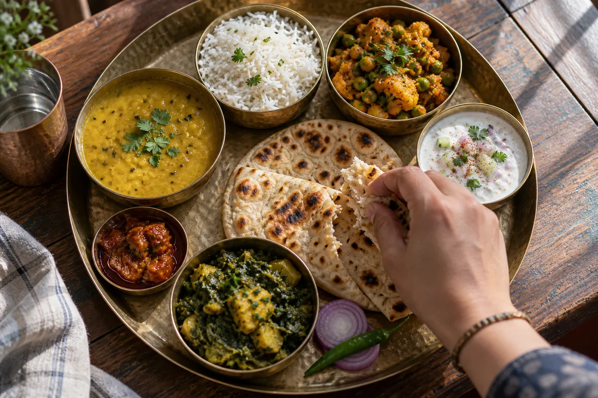 Thali végétarien servi sur un plateau en métal posé sur une table en bois