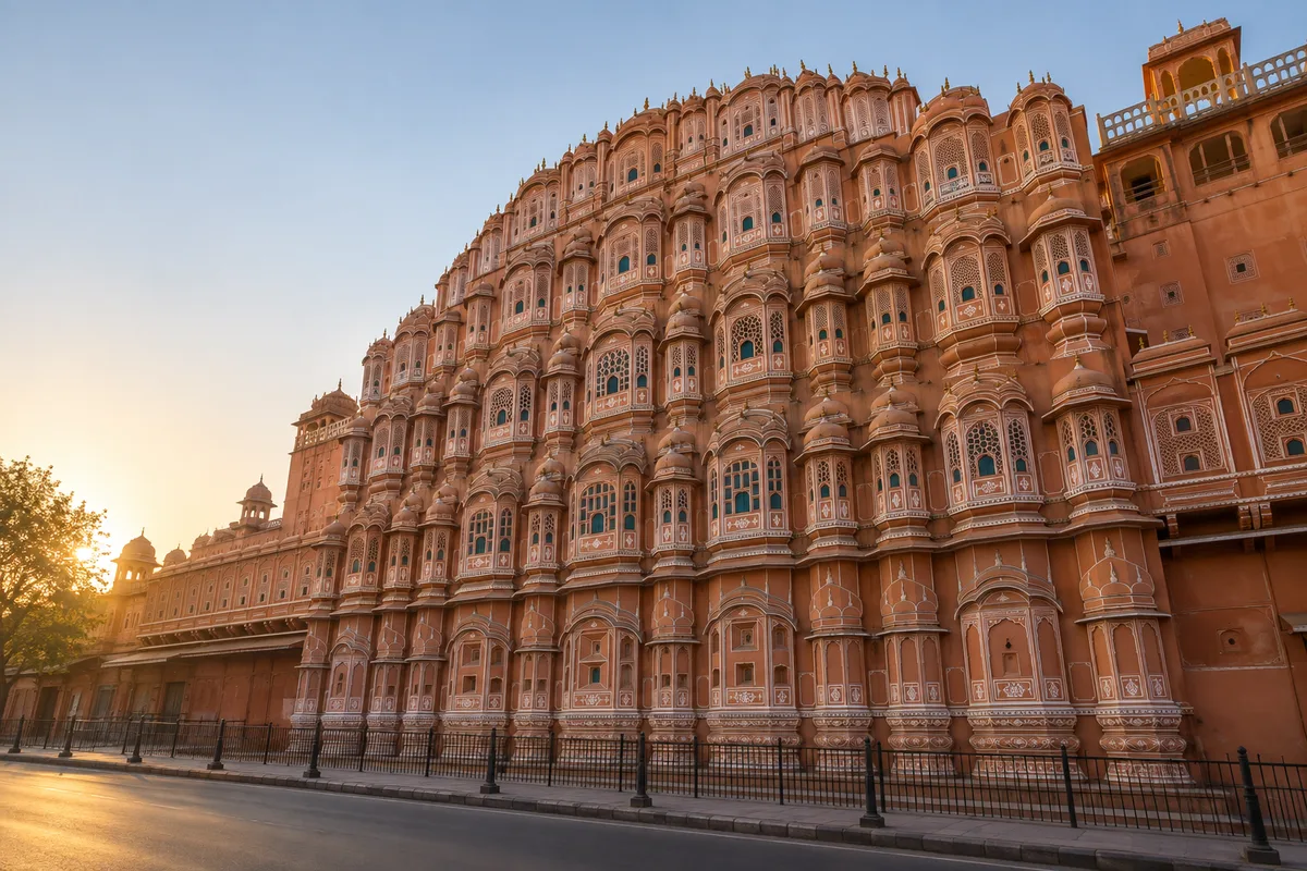 Façade rose d'un palais de Jaipur ajourée de fenêtres, éclairée par le soleil levant