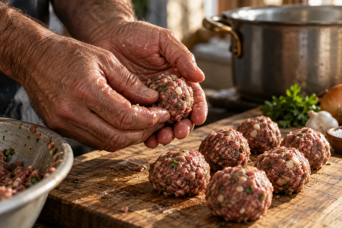 Mains d’un cuisinier formant des boulettes de viande hachée sur un plan de travail en bois